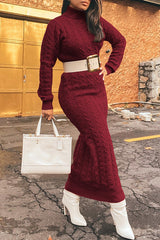 Temperament High Neck Solid Color Slim Twist Knit Maxi Dress (Without Belt)