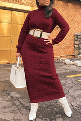 Temperament High Neck Solid Color Slim Twist Knit Maxi Dress (Without Belt)