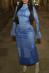 Fashion Distressed Denim Print High Neck Stretch Slim Maxi Dress