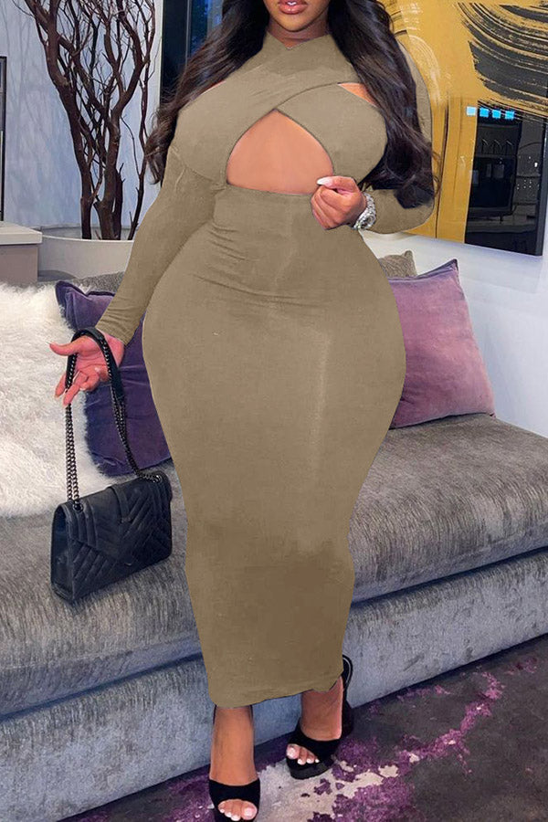 Sexy Hollow Cross Neck Slim Fit Long Sleeve Plus Size Maxi Dress