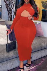 Sexy Hollow Cross Neck Slim Fit Long Sleeve Plus Size Maxi Dress