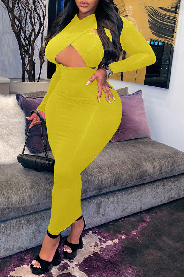 Sexy Hollow Cross Neck Slim Fit Long Sleeve Plus Size Maxi Dress