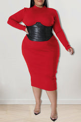 Fashion Plus Size Faux Leather Patchwork Slim Fit Round Neck Midi Dress