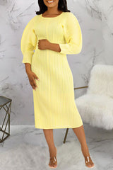 Chic Solid Color Leg-of-Mutton Sleeve Pleated Midi Dress