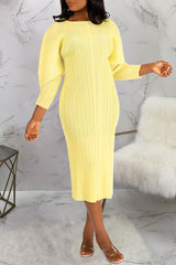 Chic Solid Color Leg-of-Mutton Sleeve Pleated Midi Dress