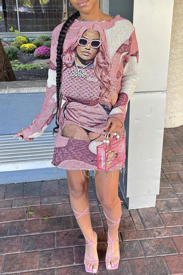 Fashion Character Print Round Neck Long Sleeve Mini Dress