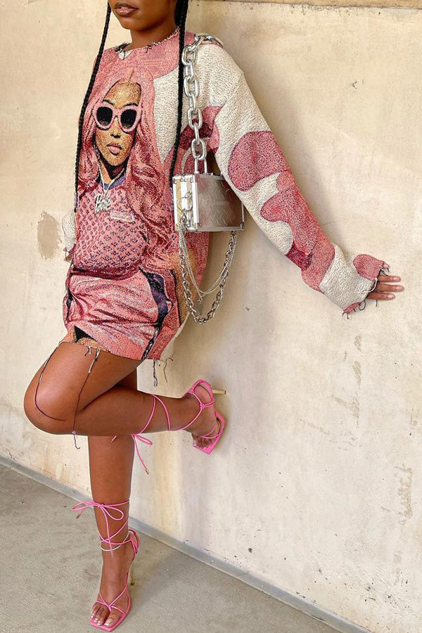Fashion Character Print Round Neck Long Sleeve Mini Dress