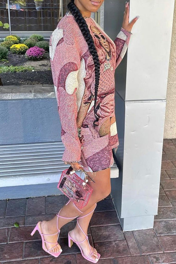 Fashion Character Print Round Neck Long Sleeve Mini Dress