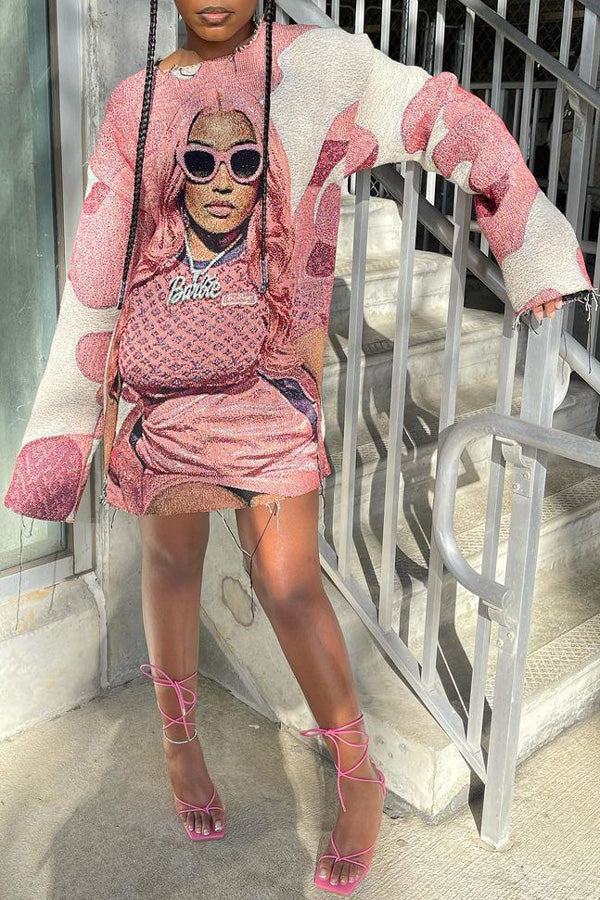 Fashion Character Print Round Neck Long Sleeve Mini Dress