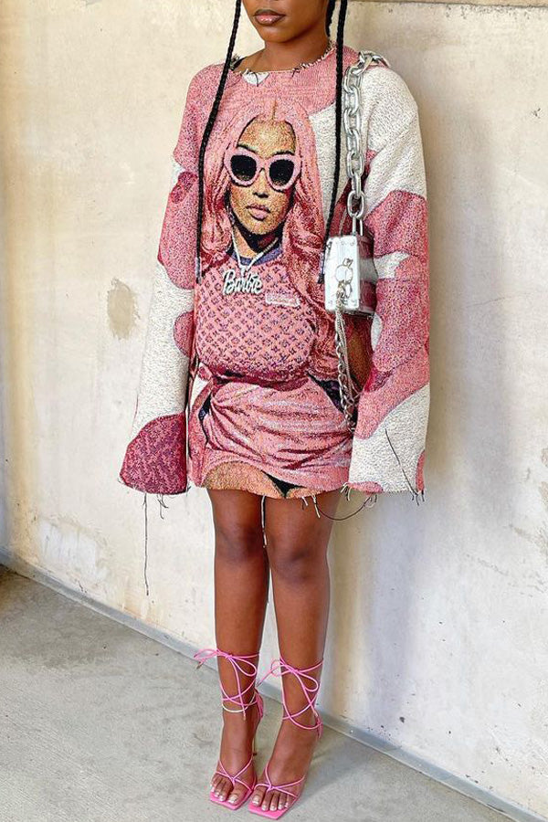 Fashion Character Print Round Neck Long Sleeve Mini Dress