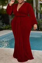 Classic Plus Size Solid Color Long Sleeve V-neck Slim Fit Maxi Dress