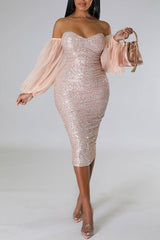 Sexy Bandeau Organza Puff Sleeve Slim Fit Sequins Solid Color Midi Dress