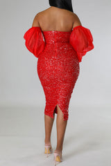 Sexy Bandeau Organza Puff Sleeve Slim Fit Sequins Solid Color Midi Dress