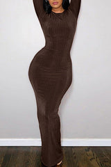 Temperament Solid Color Slim Stretch Long Sleeve Round Neck Maxi Dress