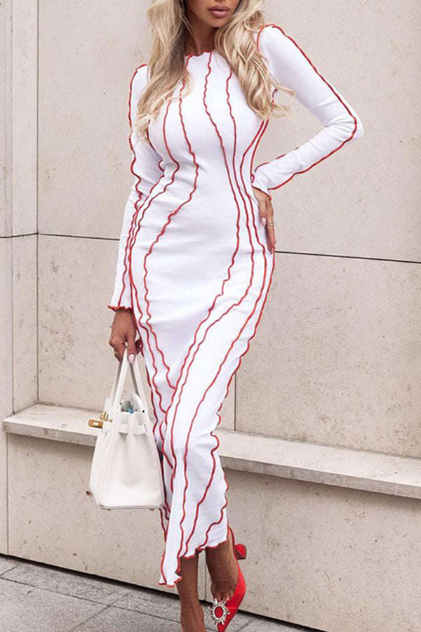 Sexy Color Contrast Edge Slim Elastic Long Sleeve Maxi Dress