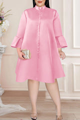 Simple Plus Size Solid Color Satin Flared Sleeve A-Line Midi Dress