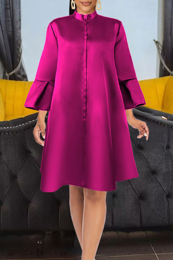 Simple Plus Size Solid Color Satin Flared Sleeve A-Line Midi Dress