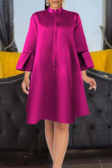 Simple Plus Size Solid Color Satin Flared Sleeve A-Line Midi Dress