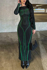 Personalized Line Print Slim Fit Long Sleeve Backless Maxi Dress