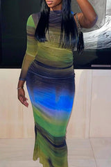 Chic Gradient Print One Sleeve Slim Fit Stretch Maxi Dress