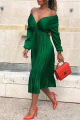 Temperament V-Neck Long Sleeve Satin Solid Color Pleated Midi Dress