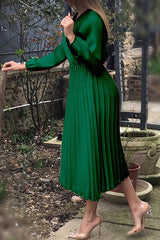 Temperament V-Neck Long Sleeve Satin Solid Color Pleated Midi Dress