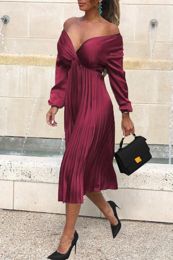 Temperament V-Neck Long Sleeve Satin Solid Color Pleated Midi Dress