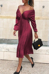 Temperament V-Neck Long Sleeve Satin Solid Color Pleated Midi Dress