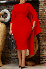 Temperament Solid Color Slim Fit Asymmetric Shawl Bag Hip Midi Dress