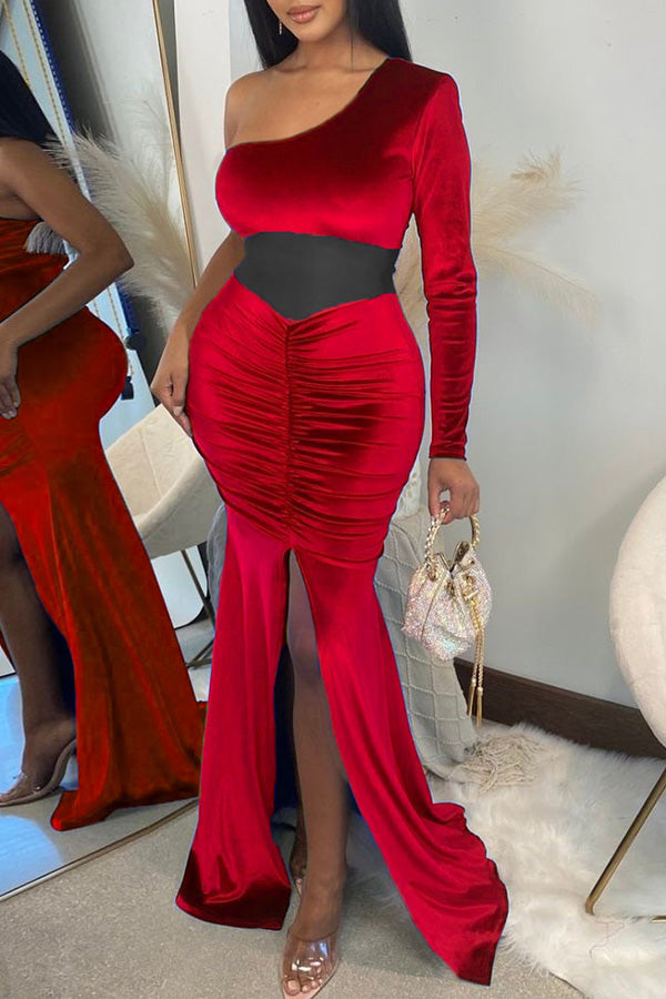 Elegant Solid Color Mesh Stitching Pleated One Sleeve Slim Fit Slit Maxi Dress