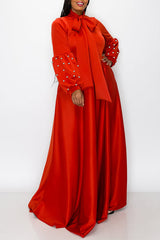 Elegant Lace-Up Neck Long Sleeve Beaded Plus Size Maxi Dress
