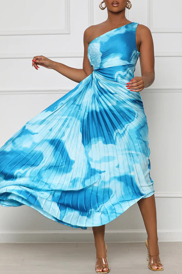 Elegant One Shoulder Pleated Sleeveless Waist Cutout Print Maxi Dress