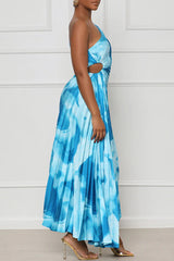 Elegant One Shoulder Pleated Sleeveless Waist Cutout Print Maxi Dress