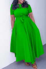 Classic Solid Color Short Sleeve Lace-Up A-Line Maxi Dress