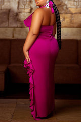 Sexy Solid Color Satin  Halter Lace-Up Slit Ruffle Maxi Dress