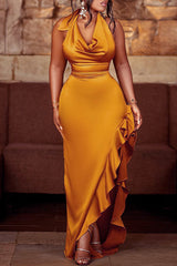 Sexy Solid Color Satin  Halter Lace-Up Slit Ruffle Maxi Dress