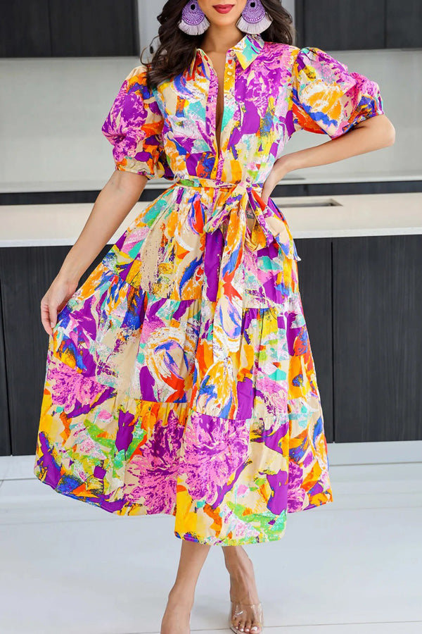 Romantic Print Puff Sleeve Shirt Collar Lace-Up Maxi Dress