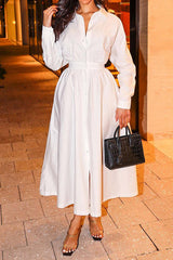 Simple Single Breasted Solid Color Long Sleeve Shirt Maxi Dress