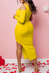 Sexy Aysmmetric One Shoulder Solid Color One Sleeve Slit Slim Fit Maxi Dress