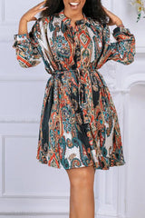 Temperament Satin Print Long Sleeve Lace-Up Single Breasted Midi Dress