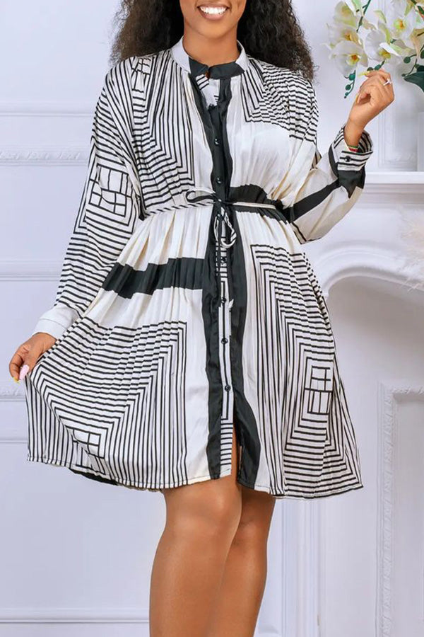 Temperament Satin Print Long Sleeve Lace-Up Single Breasted Midi Dress