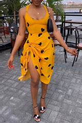 Sweet Sleeveless Love Print Backless Lace-Up Drawstring Sling A-Line Midi Dress