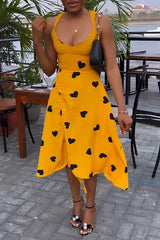 Sweet Sleeveless Love Print Backless Lace-Up Drawstring Sling A-Line Midi Dress