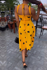 Sweet Sleeveless Love Print Backless Lace-Up Drawstring Sling A-Line Midi Dress