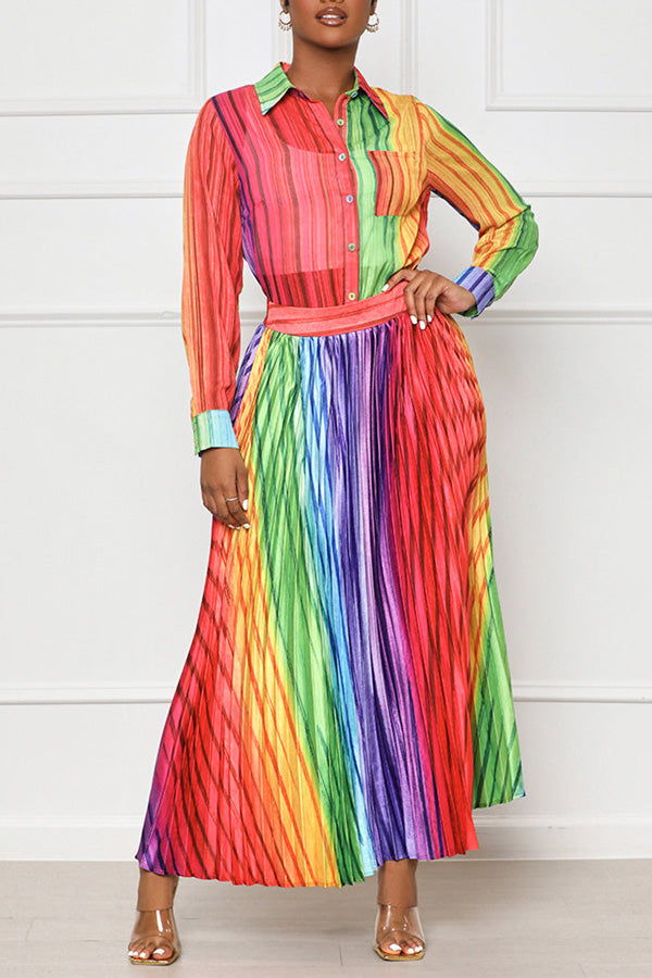 Trendy Iridescent Stripe Print Long Sleeve Shirt Collar Pleated Maxi Dress