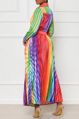 Trendy Iridescent Stripe Print Long Sleeve Shirt Collar Pleated Maxi Dress