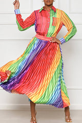 Trendy Iridescent Stripe Print Long Sleeve Shirt Collar Pleated Maxi Dress