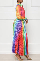 Trendy Iridescent Stripe Print Long Sleeve Shirt Collar Pleated Maxi Dress
