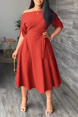 Fashion One-word Neck Waist Loose Swing Slit Casual Dress