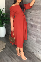 Fashion One-word Neck Waist Loose Swing Slit Casual Dress
